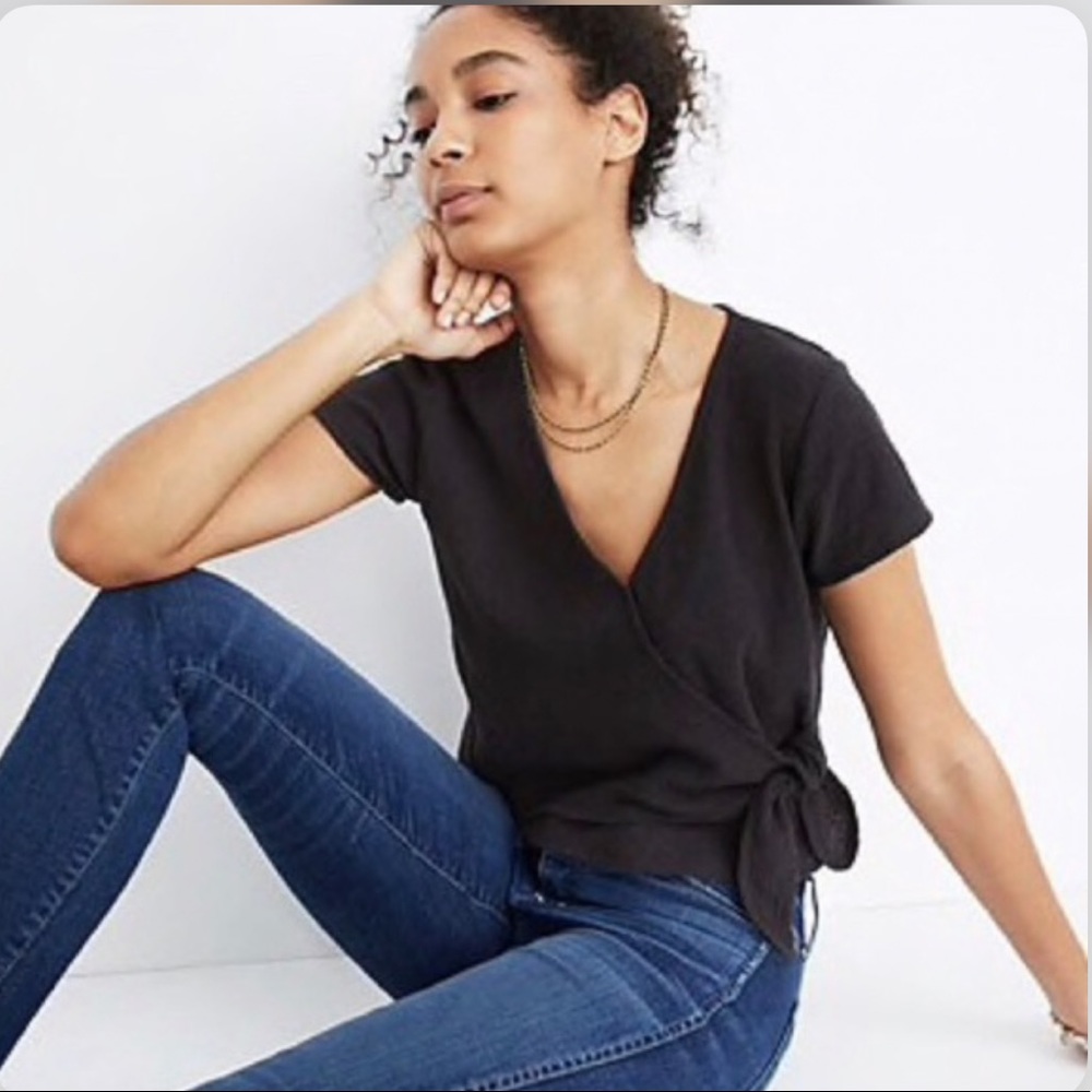 Texture & Thread Wrap Tie Top in Black